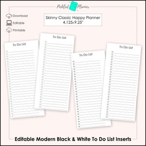 Editable Modern Black & White, Heart/Star/Square/Circle To Do Lists/Tasks Printable BUNDLE - 4.125x9.25&quot; Skinny/Classic Happy Planner