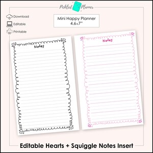 Editable Hearts + Squiggles Printable Notes Pages - 4.6x7" Mini Happy Planner Size