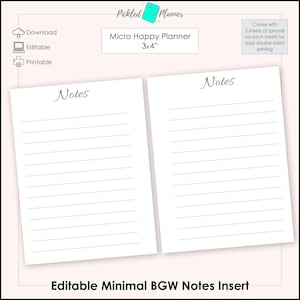 May include: Printable planner insert with two blank pages labeled "Notes" for a Micro Happy Planner, measuring 3x4 inches.