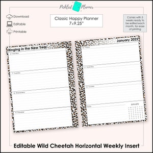 Może przedstawiać: Drukowana wkładka do planera z wzorem lamparta. Wkładka jest przeznaczona do klasycznego planera Happy Planner o wymiarach 17,78 x 23,49 cm. Wkładka jest na styczeń 2022 roku i zawiera układ tygodniowy z miejscem na notatki. Wkładka jest edytowalna i zawiera 5 tygodni gotowych do edycji każdego miesiąca.