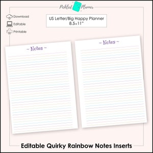 Editable Quirky Rainbow Notes Planner/Binder Printable - 8.5x11" US Letter/Big Happy Planner Size