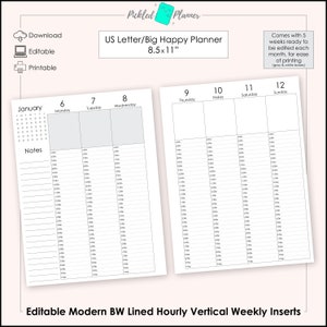 Editable Modern Black & White Hourly LINED Undated, Vertical Weekly Planner/Binder Printable - 8.5x11" US Letter/Big Happy Planner Size