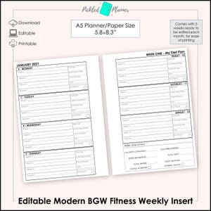 May include: A black and white printable planner page for a weekly fitness tracker. The page is divided into sections for each day of the week, with space to track meals, exercise, water intake, and mood. The page also includes a section for weekly totals. The page is designed for use with an A5 planner.
