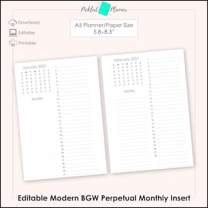 Editable Modern Black, Gray & White Undated Perpetual Monthly Planner Printable - 5.8x8.3&quot; - A5 Paper Size