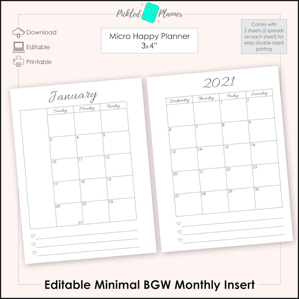 Editable Micro Minimal, Black, Gray & White Undated Monthly Planner Printable - 3x4" Micro Happy Planner, Insert, Edit, Print