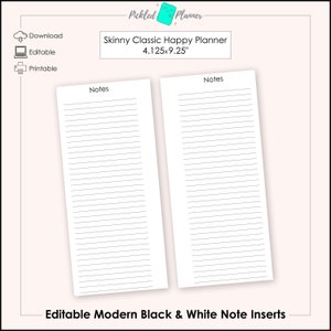 Bearbeitbarer moderner Schwarzweiß-Planer Notizen Printables - 4,125x9,25&quot; Skinny Classic Happy Planner/Happynichi