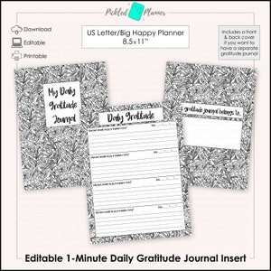 Diario/Planificador/Carpeta de Gratitud de 1 minuto, editable e imprimible - Flores en blanco y negro - Tamaño carta (EE. UU.)/Planificador Feliz Grande (8.5 x 11 pulgadas)
