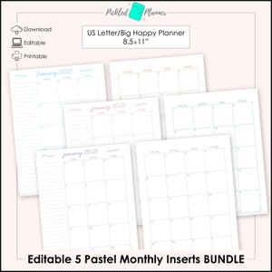 Editable All 5 Pastel Monthly Undated Monthly Planner/Binder Printable - 8.5x11" US Letter/Big Happy Planner Size