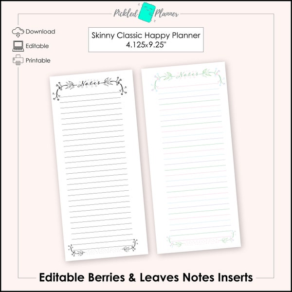 Editable Berries & Leaves Lined Notes Printable - 4.125x9.25" Skinny Classic Happy Planner/Happynichi