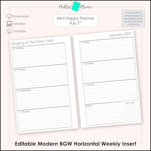 LINED Mini bearbeitbarer moderner schwarz, grauer und weißer undatierter, horizontaler Wochenplaner druckbar - 4,6 &quot;x 7&quot; Mini Happy Planner Größe