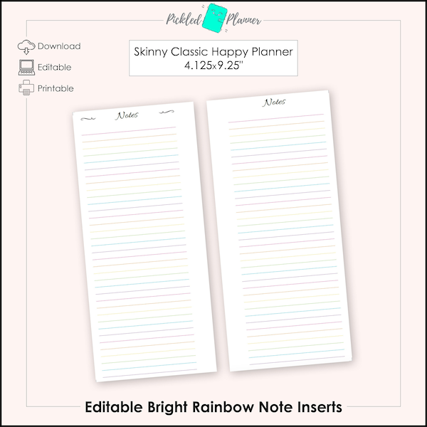 Editable Bright Rainbow Notes Printables - 4.125x9.25" Skinny Classic Happy Planner/Happynichi