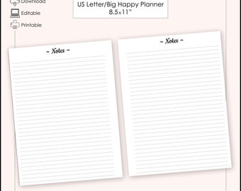 Editable Black, Gray & White Notes Planner/Binder Printable - 8.5x11&quot; US Letter/Big Happy Planner Size