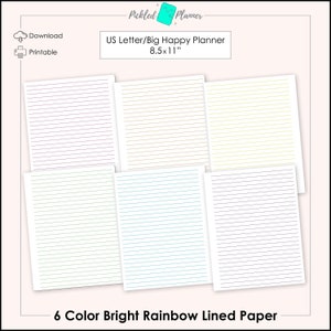 6 Color Bright Rainbow Lined/Ruled Paper Printable BUNDLE - 8.5x11&quot; US Letter/Big Happy Planner Size