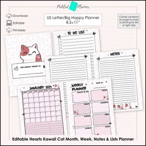Adorable planificador/carpeta editable con diseño de gato kawaii con corazones rosas, para mes, semana, notas y listas, imprimible - Tamaño carta (EE. UU.)/planificador feliz grande (8.5 x 11 pulgadas)