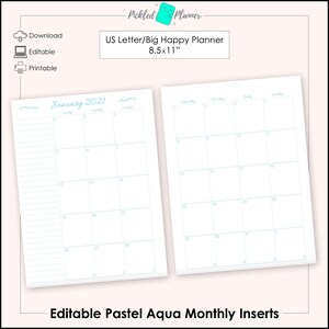 Editable Pastel Aqua Undated Monthly Planner/Binder Printable - 8.5x11&quot; US Letter/Big Happy Planner Size