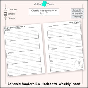 Editable Modern Black & White Undated, Horizontal Weekly Planner/Binder Printable - 7x9.25&quot; Classic Happy Planner Size