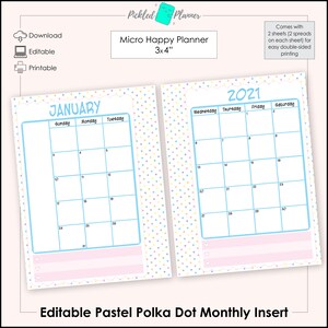 Editable Micro Pastel Dots Undated Monthly Planner Printable - 3x4" Micro Happy Planner, Insert, Edit, Print