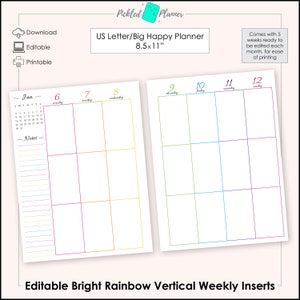 Editable Bright Rainbow Undated, Divided Vertical Weekly Planner/Binder Printable Happy Planner  - 8.5x11" US Letter Size