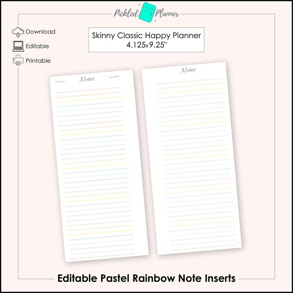 Editable Pastel Rainbow Notes Printables - 4.125x9.25" Skinny Classic Happy Planner/Happynichi