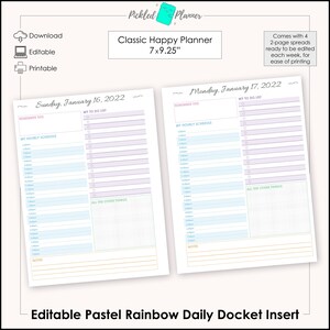 May include: Printable pastel rainbow daily planner insert for a Classic Happy Planner. The insert includes a to-do list, hourly schedule, and space for notes. The insert is 7 inches by 9.25 inches.