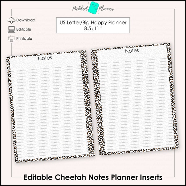 Editable Wild Cheetah Animal Print Notes Planner/Binder Printable - 8.5x11" US Letter/Big Happy Planner Size