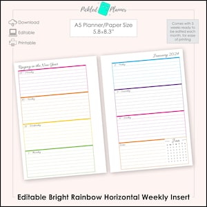 May include: Printable A5 planner page with a bright rainbow horizontal weekly layout. The page is designed for January 2024 and includes a calendar for the month. The text "Ringing in the New Year" is at the top of the page.