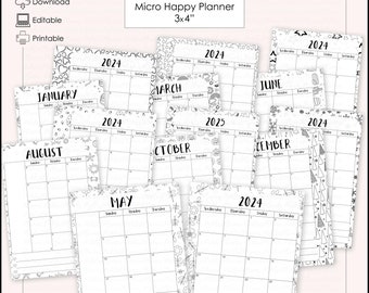 May include: Black and white printable calendar pages for a 3x4 inch micro happy planner. The pages are decorated with seasonal themes and include months from January to December.