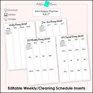 Peut inclure: Inserts de planning de nettoyage imprimables pour un mini planificateur heureux, mesurant 11,7 cm sur 17,8 cm. Les inserts comprennent un planning de nettoyage hebdomadaire, un planning de nettoyage par zone/zone, un planning de nettoyage mensuel 2020 et un planning de nettoyage saisonnier 2022.
