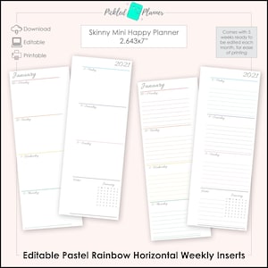 Editable Skinny Mini Pastel Rainbow Undated, Horizontal Weekly Planner Printable - 2.643x7&quot; Skinny Mini Happy Planner