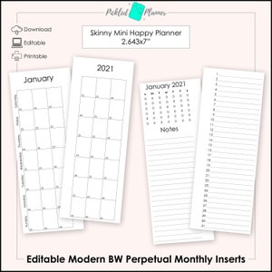 Editable Skinny Mini Modern Black & White Planner Perpetual Monthly Printables - 2.643x7" Skinny Mini Happy Planner