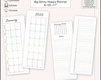 Big Skinny - Editable Bright Rainbow Undated Traditional & Perpetual Monthly Printable - 4.125x11" Skinny Big/US Letter Happy Planner