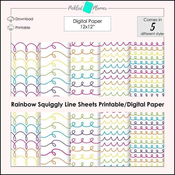 12x12" Sheet 5 Bright Rainbow Squiggly Line Designs * Printable Washi Sheets // Digital Paper // Dividers ~ Cut to Size