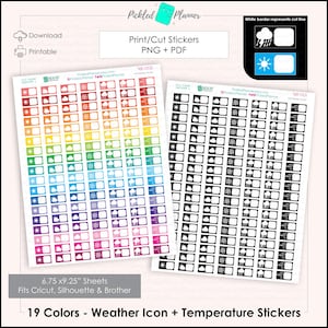 Rainbow Weather Icon + Temperature Stickers || Print/Cut Sticker Sheets || 19 Total Colors || 0.75"x0.4" boxes || Blackout PNGs included