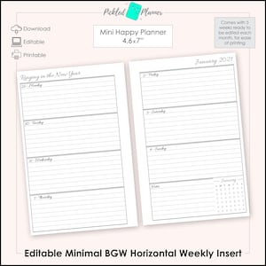 Mini planejador semanal editável minimalista, elegante, preto, cinza e branco, sem data, horizontal, para impressão - tamanho mini planejador feliz de 4,6&quot; x 7&quot;