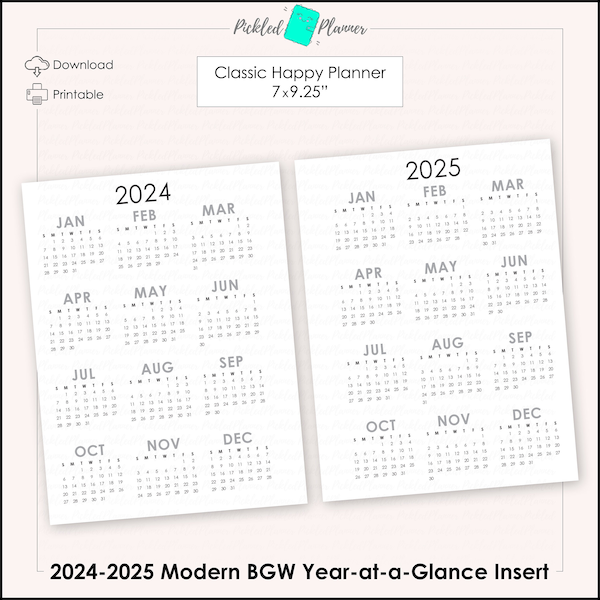 Classic Modern Black, Gray & White 2024-2025 Dated Year-at-a-Glance Month Planner Printable - 7x9.25" Classic Happy Planner Size