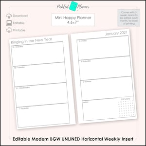 UNLINED Mini Editable Modern Black, Gray & White Undated, Horizontal Weekly Planner Printable - 4.6&quot;x7&quot; Mini Happy Planner Size