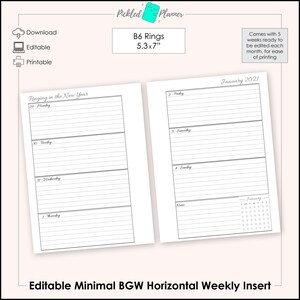 Editable Minimal, Fancy Black, Gray & White Undated, Horizontal Weekly Planner Printable - 5.3x7&quot; B6 Rings Planner Size