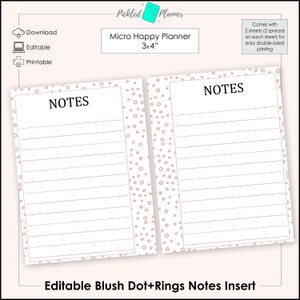Editable Micro Blush Pink Dots+Rings Notes Planner Printable - 3x4&quot; Micro Happy Planner, Insert, Edit, Print