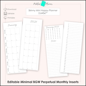 Editable Skinny Mini Minimal, Fancy Black, Gray & White Planner Perpetual Monthly Printables - 2.643x7" Skinny Mini Happy Planner