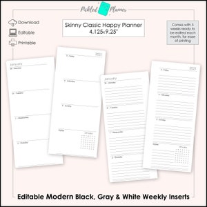 Editable Modern Black, Gray & White Undated, Horizontal Weekly Planner Printable - 4.125x9.25" Skinny Classic Happy Planner/Happynichi