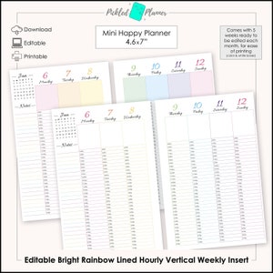 Editable Bright Rainbow Hourly LINED Undated, Vertical Weekly Planner/Binder Printable - 4.6"x7" Mini Happy Planner Size