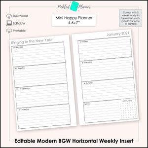 LINED Mini Editable Modern Black, Gray & White Undated, Horizontal Weekly Planner Printable - 4.6"x7" Mini Happy Planner Size