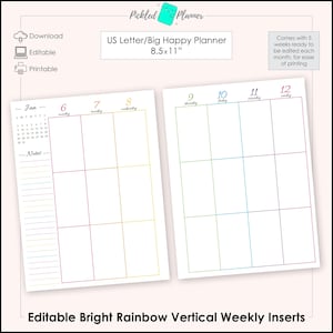 Editable Bright Rainbow Undated, Divided Vertical Weekly Planner/Binder Printable Happy Planner  - 8.5x11&quot; US Letter Size