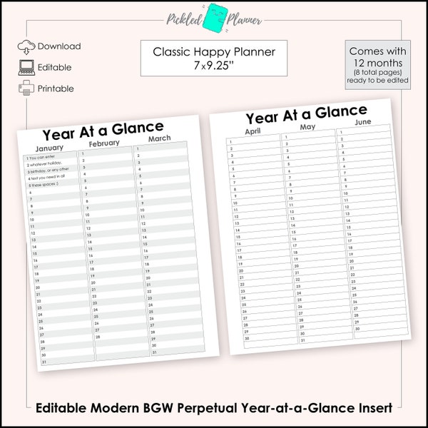 Editable Modern Black, Gray & White Year at a Glance Planner/Binder Printable - 7x9.25" Classic Happy Planner Size