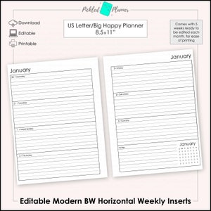 Bearbeitbarer moderner Schwarzweiß- undatierter, horizontaler Wochenplaner / Sammelmappe druckbar - 8,5 x 11 &quot;US Letter / Big Happy Planner-Größe