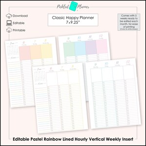 May include: Printable pastel rainbow lined hourly vertical weekly planner insert for a 7x9.25 inch Happy Planner. The insert includes a calendar for the month of January and a weekly spread with columns for Monday through Sunday. The weekly spread is divided into hourly sections with lines for writing appointments and tasks. The insert comes with 5 weeks ready to be edited each month for ease of printing.