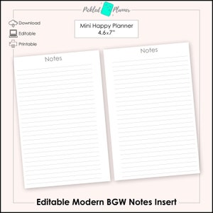 Mini Editable Modern Black, Gray & White Notes Planner Printable - 4.6x7" Mini Happy Planner Size