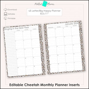 Editable Wild Cheetah Animal Print Undated, Monthly Planner/Binder Printable - 8.5x11&quot; US Letter/Big Happy Planner Size