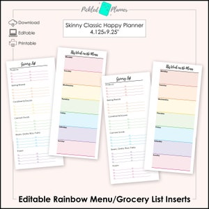 Editable Bright Rainbow Menu/Meal Planner & Grocery List Printable - 4.125x9.25" Skinny Classic Happy Planner/Happynichi