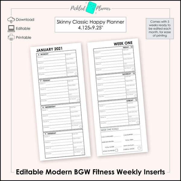 Printable Health & Fitness Weekly Editable Planner Insert-4.125x9.25" Skinny Classic Happy Planner-Tracker, Mood, Food, Diary, Exercise